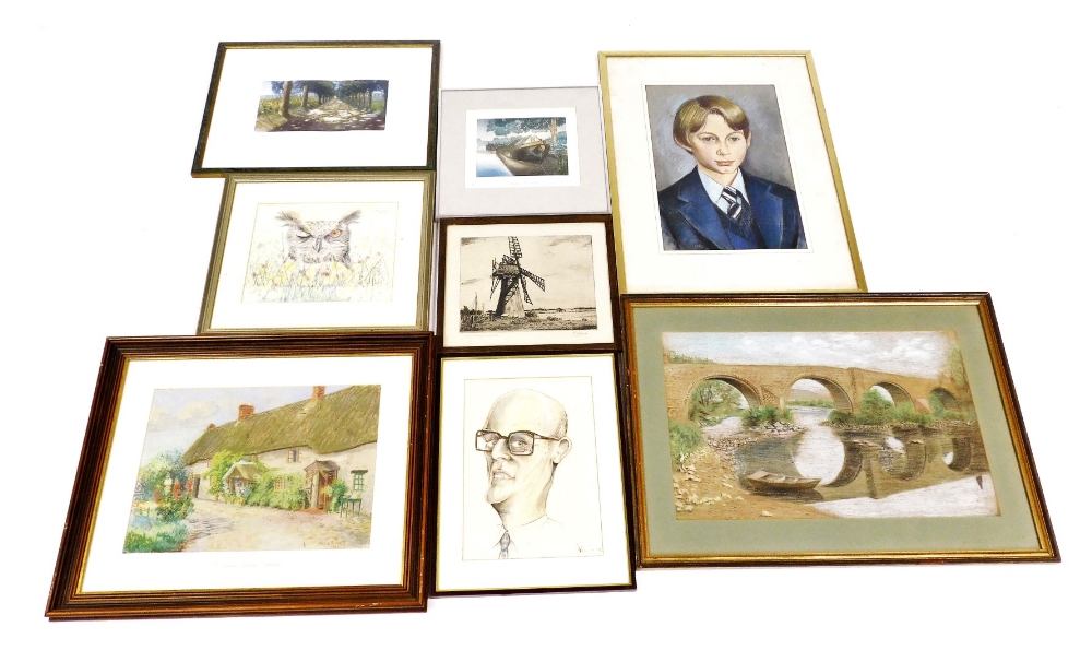 Various pictures, prints, etc., to include R. Hill, portrait study of a young boy in school uniform,