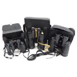 A pair of Miranda 8x40 binoculars, a pair of US pattern 10x60 binoculars, and a pair of Opticron Mar