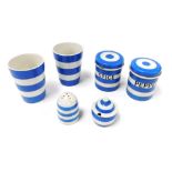 A group of TG Green Cornishware, comprising a spice jar, pepper jar, pepperette, mustard pot, and tw