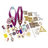Masonic jewels, badges, and adornments, including a silver and enamel badge bearing the Prince of Wa