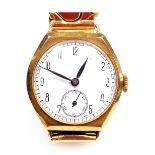 A gentleman's 9ct gold cased wristwatch, circular white enamel dial bearing Arabic numerals, subsidi