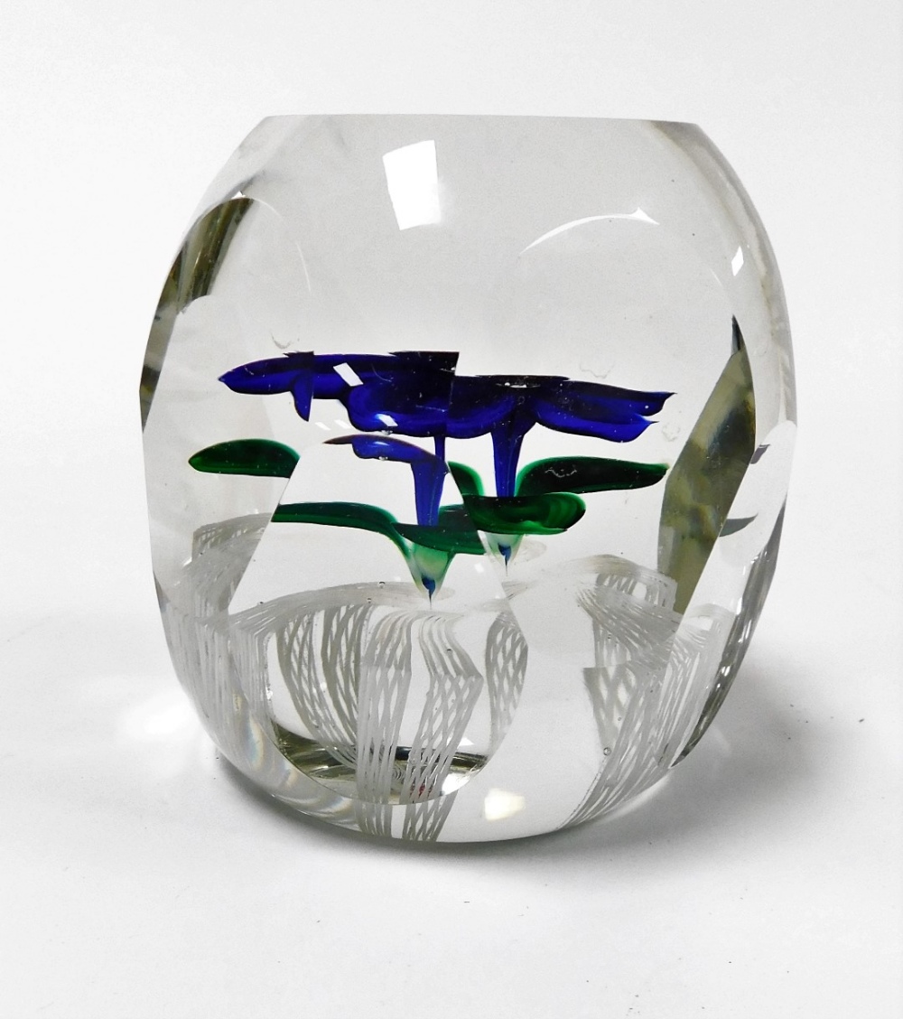 A Strathearn faceted glass paperweight, decorated with a violet, bears S Cane, 9cm high. - Image 2 of 2