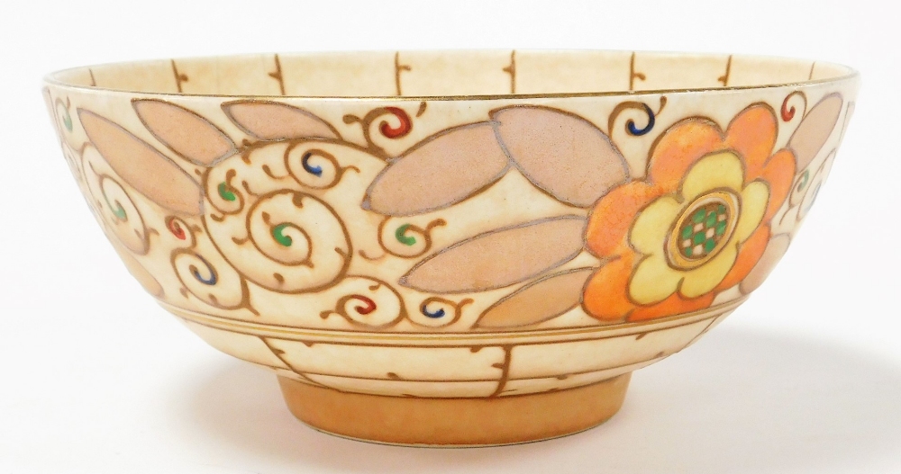 Three items of Bursley Ware Charlotte Rhead pottery, comprising a Trellis pattern bowl, 19cm diamete - Image 4 of 6