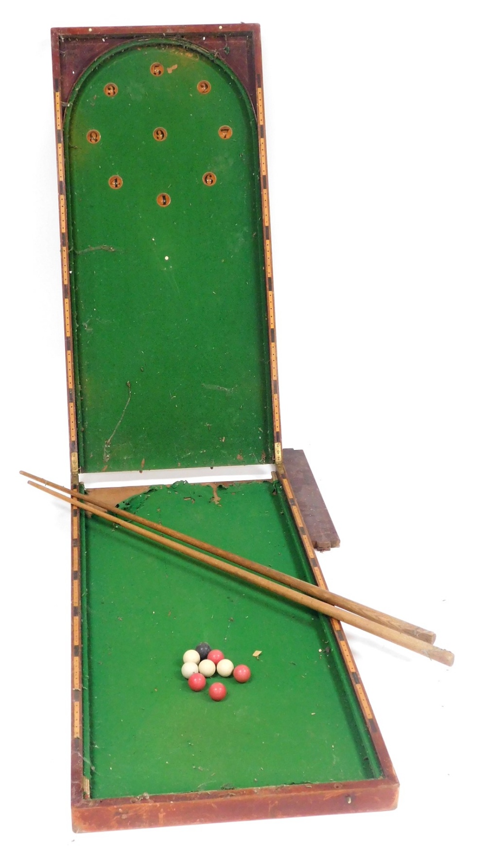 An early 20thC stained mahogany table top bagatelle, with a green baize interior, 123cm high, 115cm