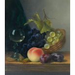 Brian Davies (b.1942). Still life, fruit and wine glass, signed, oil on canvas, 36cm x 29cm.