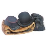 A vintage 1930 GPO postman's cap, together with a J Moores and Sons bowler hat, a mink fur stole and