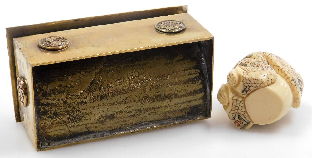 A 20thC Chinese brass and enamel three division stamp box, 10cm wide, together with a resin figure o - Image 3 of 3