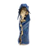 An Isobel studio pottery figure of a wizard, modelled standing with a blue glazed hat and cloak, lim