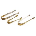 Three pairs of silver sugar tongs, comprising a pair of George III tongs, bright cut decorated, Lond