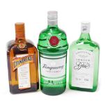 A bottle of Tanqueray export strength London dry gin, 1l, together with a 70cl bottle of Grosvenor L