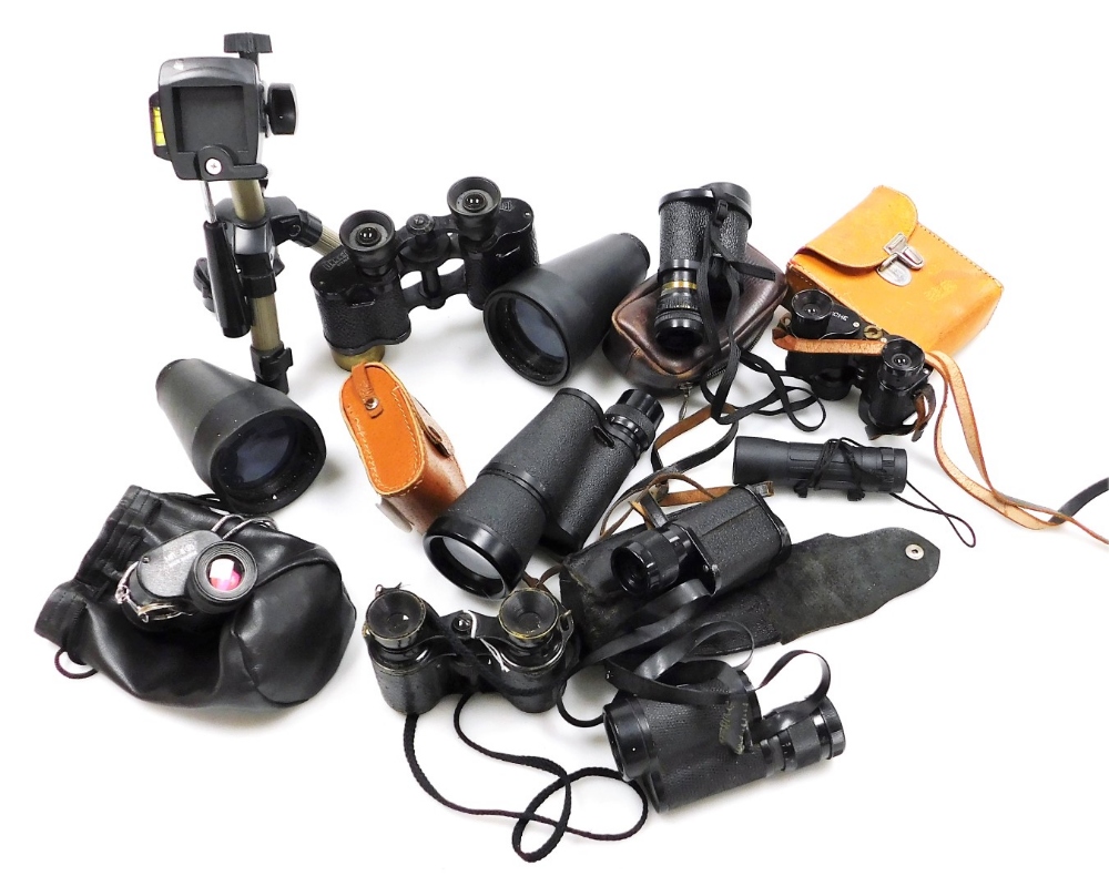 Assorted binoculars and monoculars, including a pair of Telesca Colmont binoculars, USSR 8x30 monocu