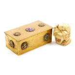 A 20thC Chinese brass and enamel three division stamp box, 10cm wide, together with a resin figure o