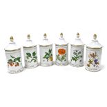 A set of six Limoges porcelain herb jars and covers, comprising Borrago Off, Tilia, Citrus Bulg, Pap