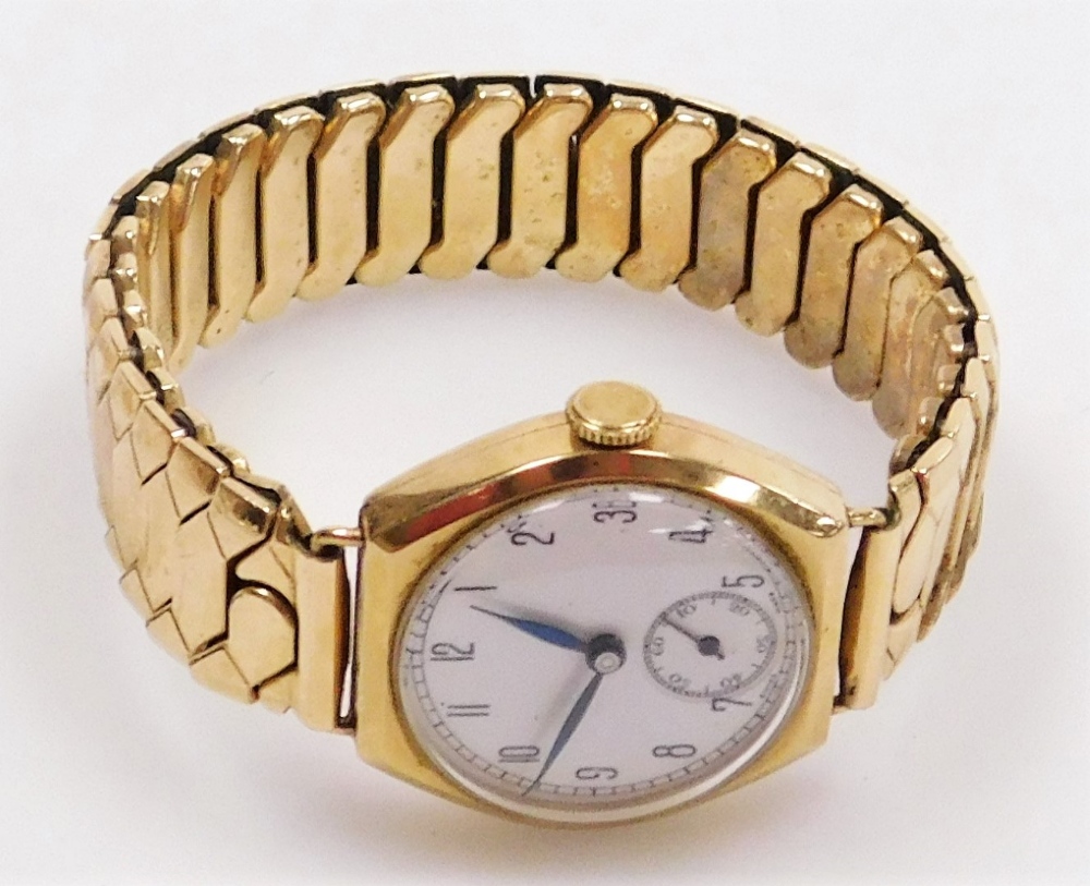 A gentleman's 9ct gold cased wristwatch, circular white enamel dial bearing Arabic numerals, subsidi - Image 2 of 3