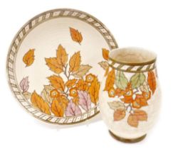 Two items of Crown Ducal Charlotte Rhead Golden Leaves pattern pottery, comprising a charger, no. 49