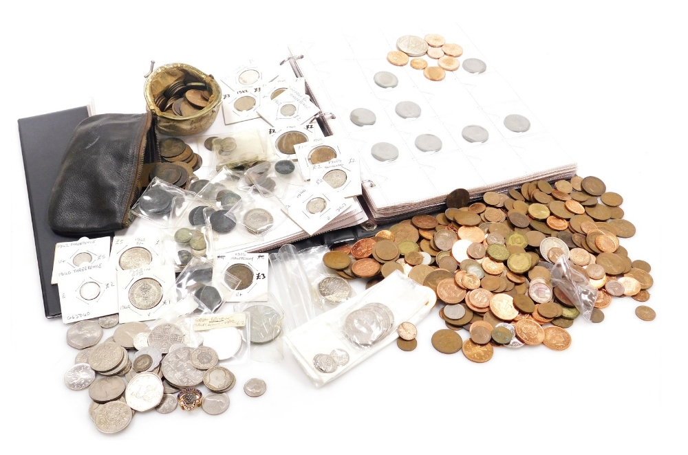 Georgian and later silver and copper coinage, including crowns, cartwheel penny, sixpences, shilling