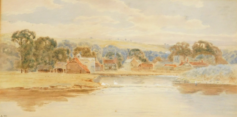 Late 19thC School. Lake scene before village, watercolour, initialled R. A. and dated 99, 24.5cm x 4