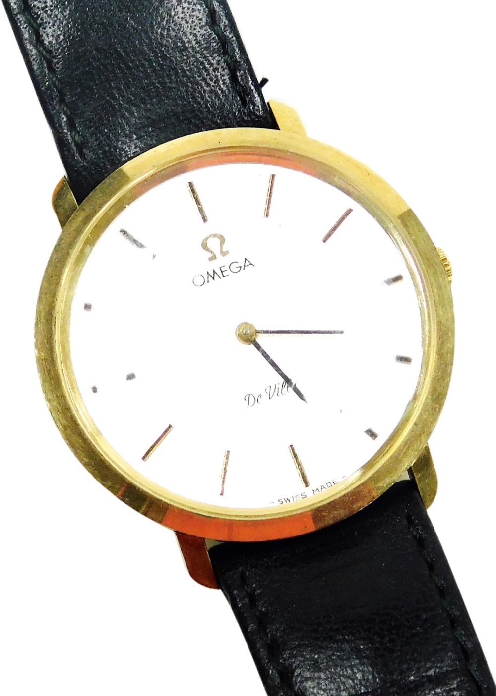 An Omega De Ville 9ct gold cased gentleman's wristwatch, circular brushed silver dial bearing baton