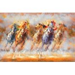R. Sandford (20thC School). Race horsing scene, signed, oil on canvas, 62cm x 91cm.