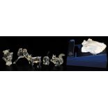 Six Swarovski crystal figures, boxed, comprising a koala bear, two owls on a perch, a fish, squirrel