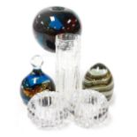 Three pieces of Mdina glass, comprising a vase and two paperweights, a pair of Victorian cut glass s