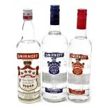 A bottle of Smirnoff vodka number 57, export strength, 1l, together with two bottles of Smirnoff vod