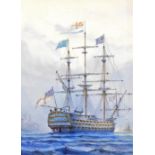 A porcelain plaque depicting a British Naval ship, painted by Stefan Nowacki, signed, 18.5cm x 13.5c