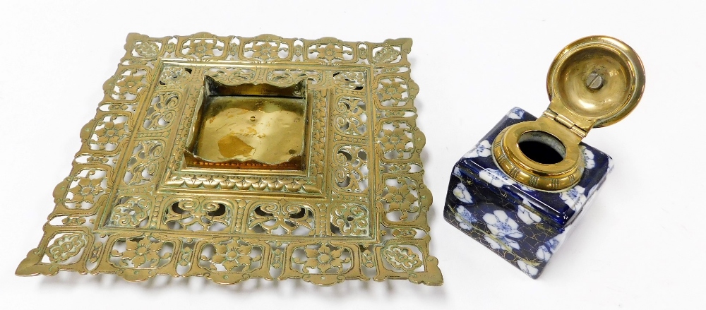 A Victorian brass and porcelain inkwell, the Coalport inkwell with a hinged lid surmounted by an Ori - Image 2 of 3