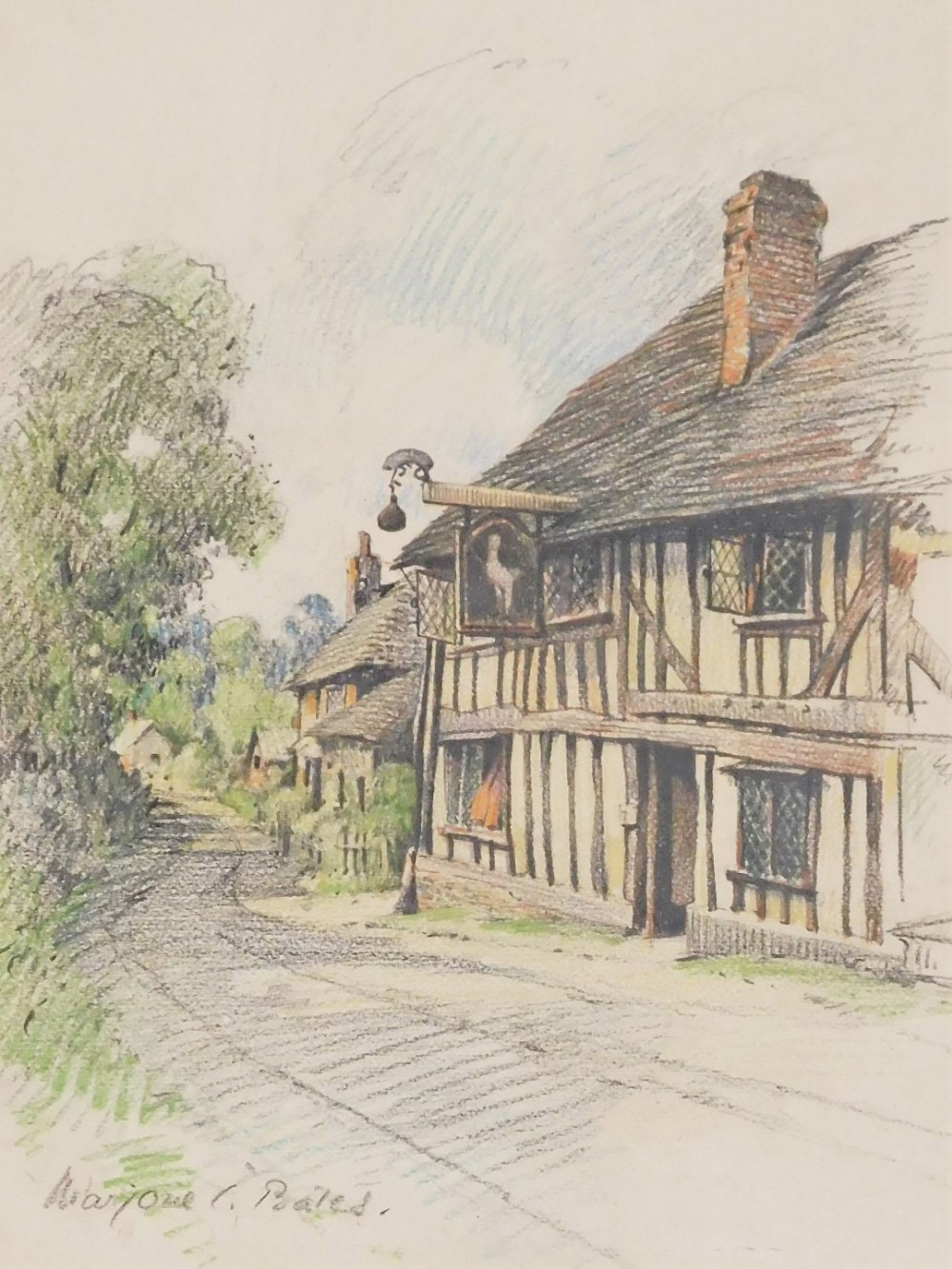 Marjorie C. Bates. Three works, comprising timber framed pub, pastel, signed, 38cm x 29cm, view of a - Image 4 of 4