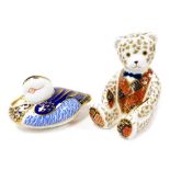 Two Royal Crown Derby imari porcelain paperweights, comprising Derby Imari teddy, silver stopper, 12