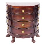 A reproduction mahogany and rosewood demi lune chest of drawers, with a sunburst top, above twelve d