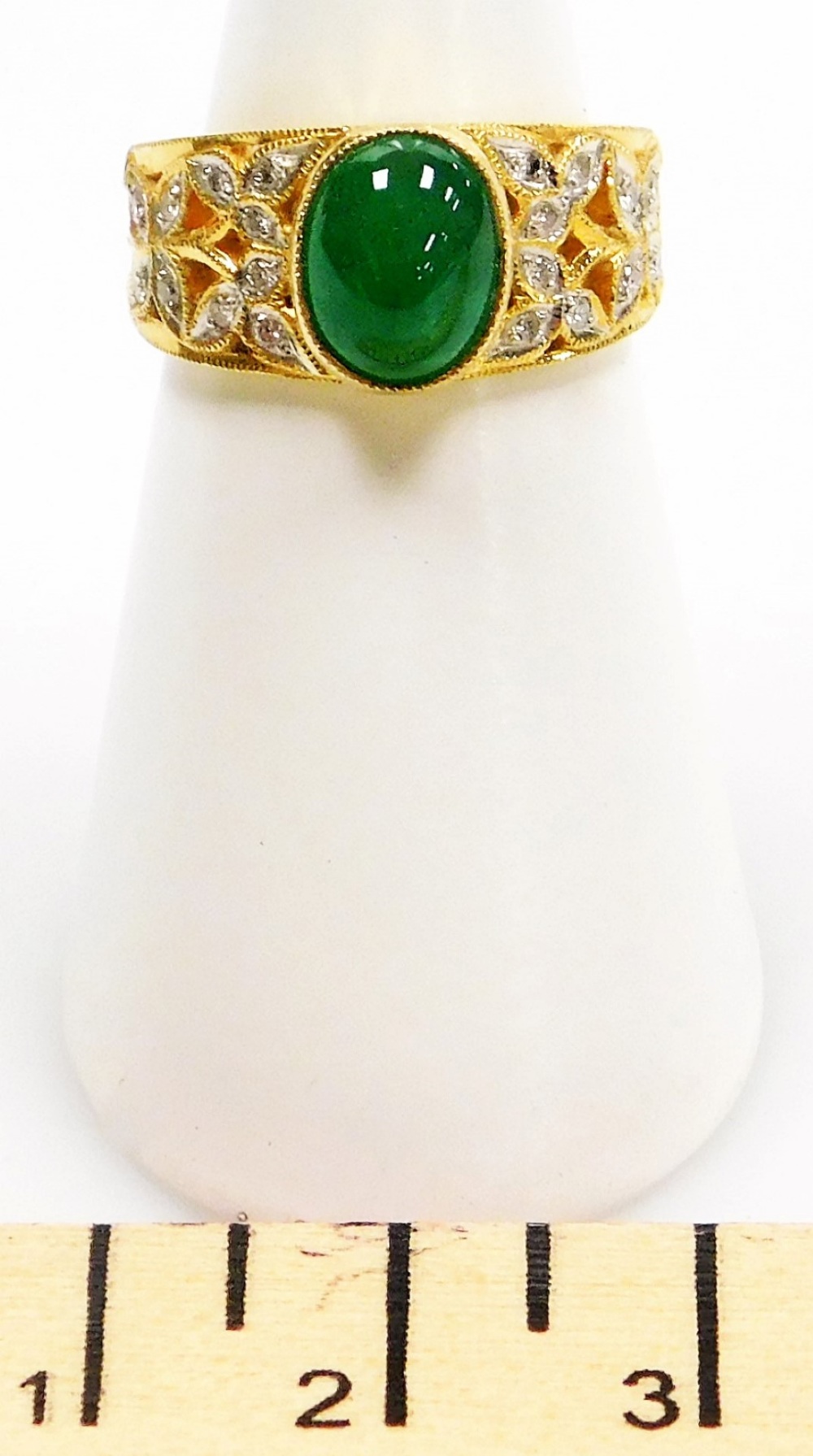 A green cabachon set ornate ring, tiny diamond set shoulders, size J, set in precious yellow metal, - Image 2 of 2
