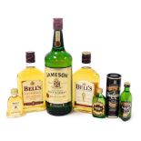 Two 35cl bottles of Bell's Scotch whisky, original and aged eight years, two miniature bottles of Gl