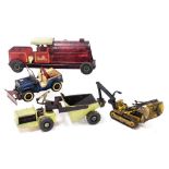 Tonka toys, comprising a digger, jeep, locomotive, and a tractor and trailer, play worn. (4)
