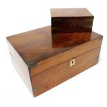 A Victorian rosewood and brass bound writing box, with a fitted interior, 7cm high, 18cm wide, 13cm