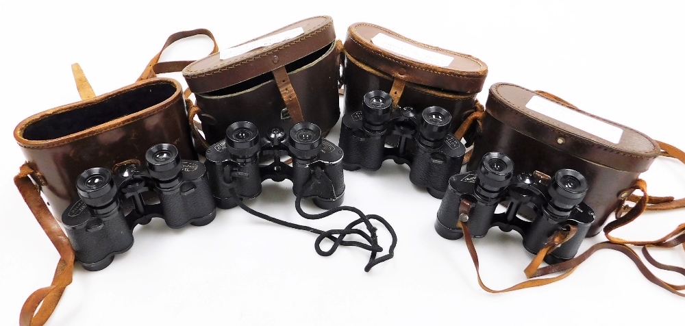 Four pairs of French binoculars, comprising a pair of Delmar 8x26, a pair of J T Coppock Omega 8x30