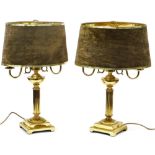 A pair of Adams style brass twin branch table lamps, with brown suede shades, 62cm high.