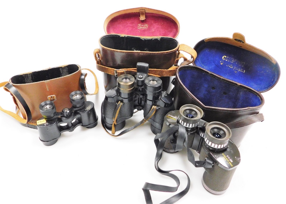 A pair of Carl Zeiss 8x30 binoculars, pair of Chinon Countryman 7x35 field binoculars, and a pair of