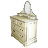 A cream and pale blue painted pine dressing chest, the swing frame mirror with two small drawers, ab