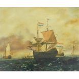 19thC/ early 20thC School. Dutch boats on choppy waters, oil on board, indistinctly signed, 23cm x 2