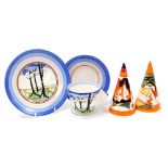 A pair of Wedgwood Clarice Cliff Bizarre Centenary pottery sugar sifters, comprising Farmhouse and R