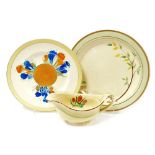 Three items of Clarice Cliff pottery, comprising a Summers End pattern plate, 25cm diameter, a gravy