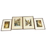 Four colour etchings, The Weavers House Canterbury, 35cm x 25cm, Norman Arch Chester, 30cm x 21cm, C