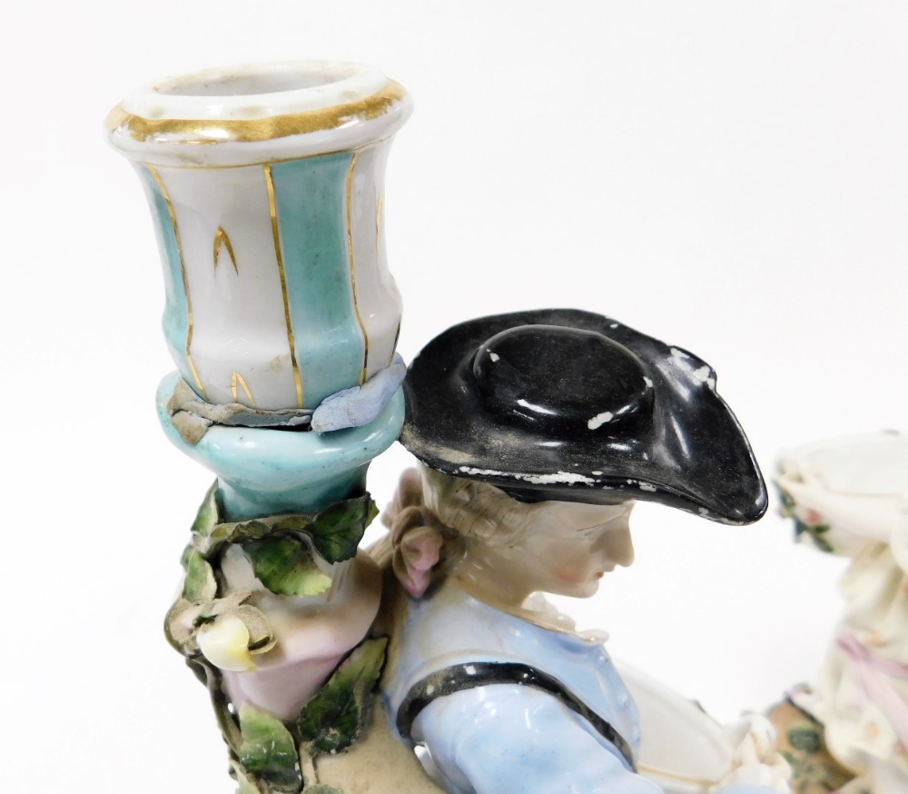 A pair of late 19thC Sitzendorf porcelain figural candlesticks, modelled as a gallant and lady, hold - Image 3 of 5