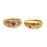 A Victorian 18ct gold diamond and ruby three stone ring, size O, 2.1g, together with a 9ct gold and