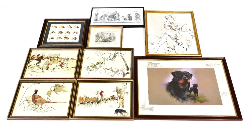 Various pictures, prints, etc., to include after Cecil Aldin, four works, depicting hunting scenes,