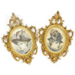 A pair of 19thC giltwood frames, containing fashion prints, the frames 44cm high, 29cm wide.