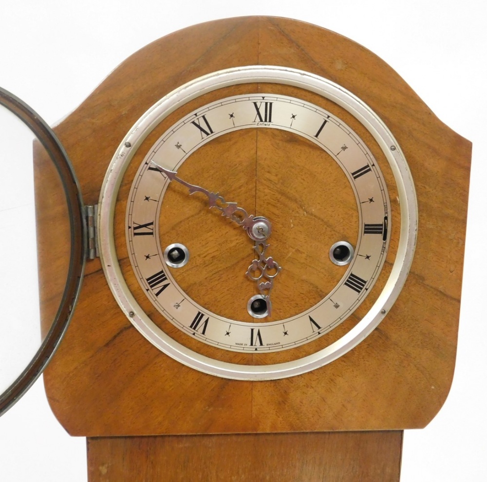 A 1930's Enfield walnut cased grandmother clock, the dial with silverered chapter ring bearing Roman - Image 3 of 4