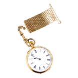 An early 20thC lady's 18ct gold pocket watch, open faced, keyless wind, circular white enamel dial b