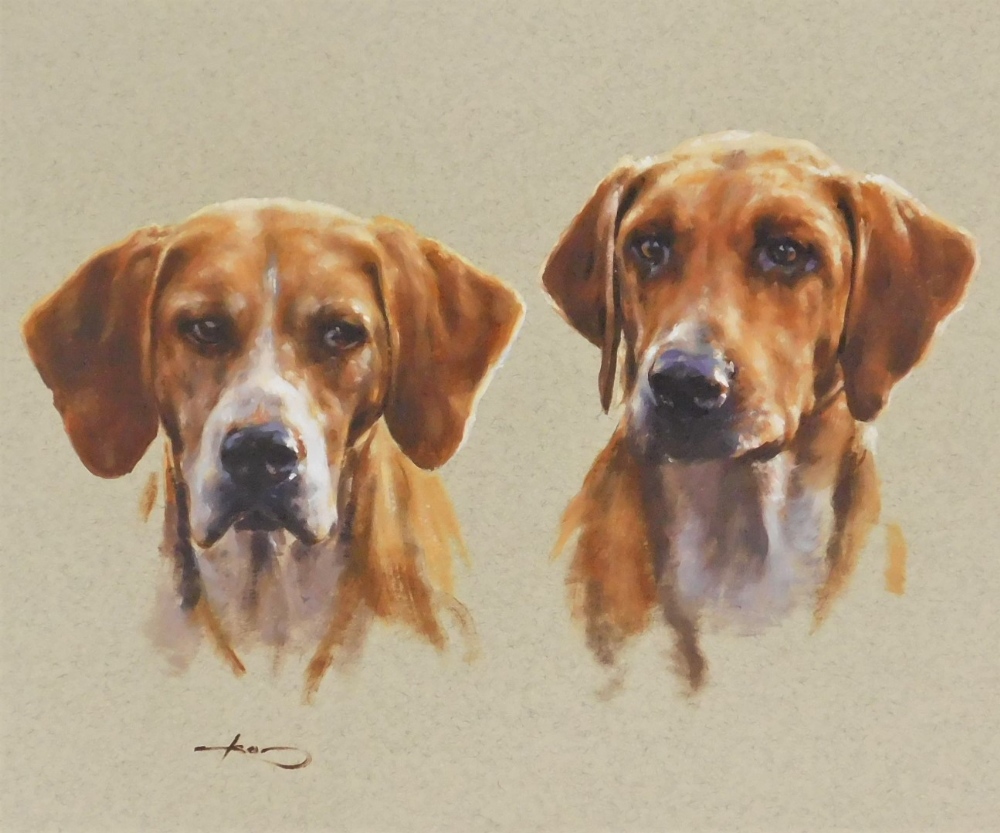 Graham Isom (b.1945). Study of heads of Old English Fox Hounds, pastel on paper, 36.5cm x 43cm.